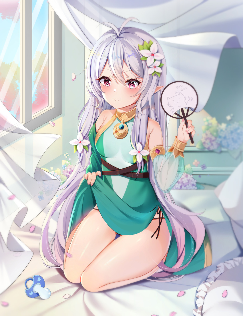 bare_legs bare_shoulders black_panties blush day detached_sleeves dress fan flower full_body gradient_hair green_dress hair_between_eyes hair_flower hair_ornament hand_up heart heart-shaped_pupils highres holding holding_fan indoors kokkoro_(princess_connect!) long_hair miaoguujuun_qvq multicolored_hair on_bed panties pink_eyes pink_hair princess_connect! princess_connect!_re:dive seiza side-tie_panties silver_hair sitting skirt_hold symbol-shaped_pupils underwear very_long_hair