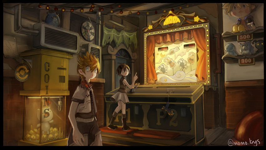 1boy 1girl arcade artist_name black_hair blue_eyes crane_game dream_eater heartless highres kingdom_hearts kingdom_hearts_iii looking_at_viewer looking_back momoppi moogle roxas short_hair skirt sleeveless sora_(kingdom_hearts) spiky_hair standing twitter_username xion_(kingdom_hearts)