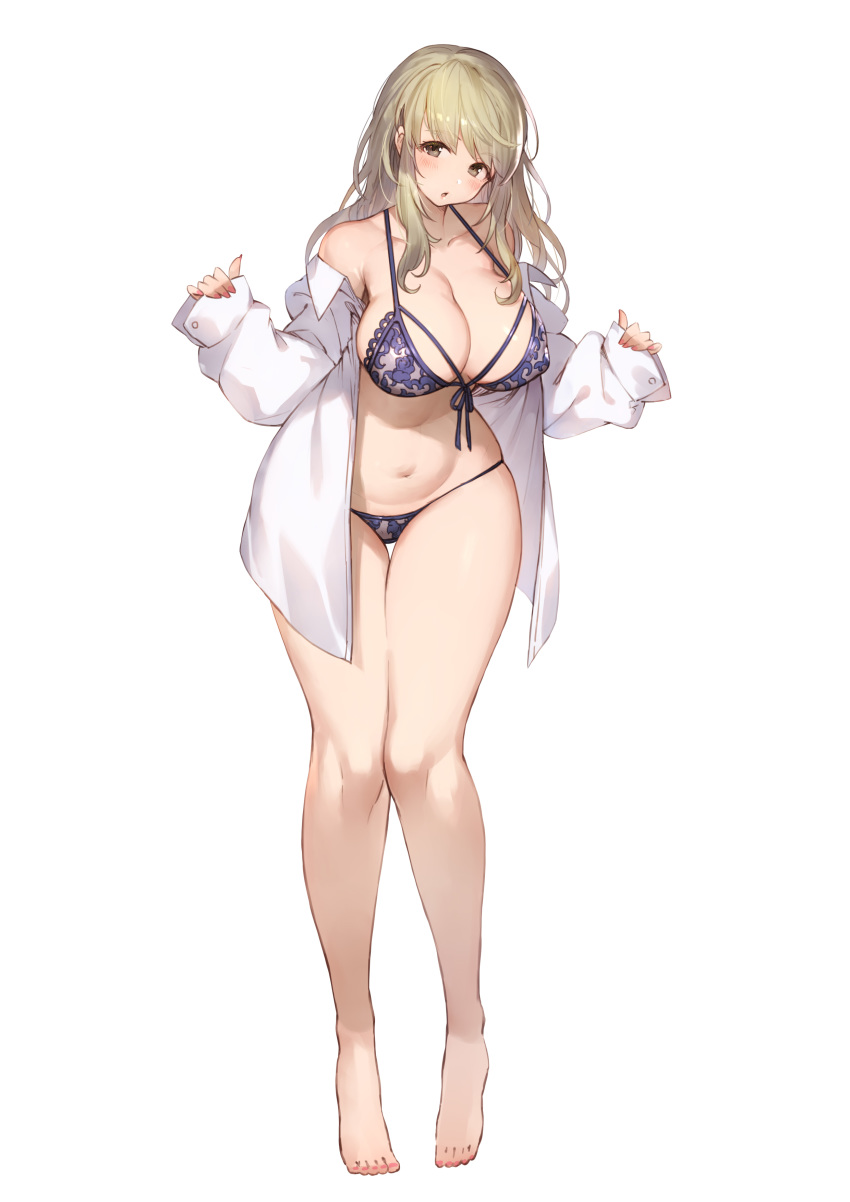 1girl :o absurdres bangs bare_shoulders blonde_hair blue_bra blue_panties bra breasts brown_eyes covered_nipples curvy dress_shirt eyebrows_visible_through_hair full_body gougasha_akira gougasha_akira_(character) highres large_breasts long_hair looking_at_viewer nail_polish navel no_horn off_shoulder open_clothes open_shirt original panties pink_nails shirt side-tie_panties simple_background sleeves_past_wrists solo standing thigh_gap underwear white_background white_shirt