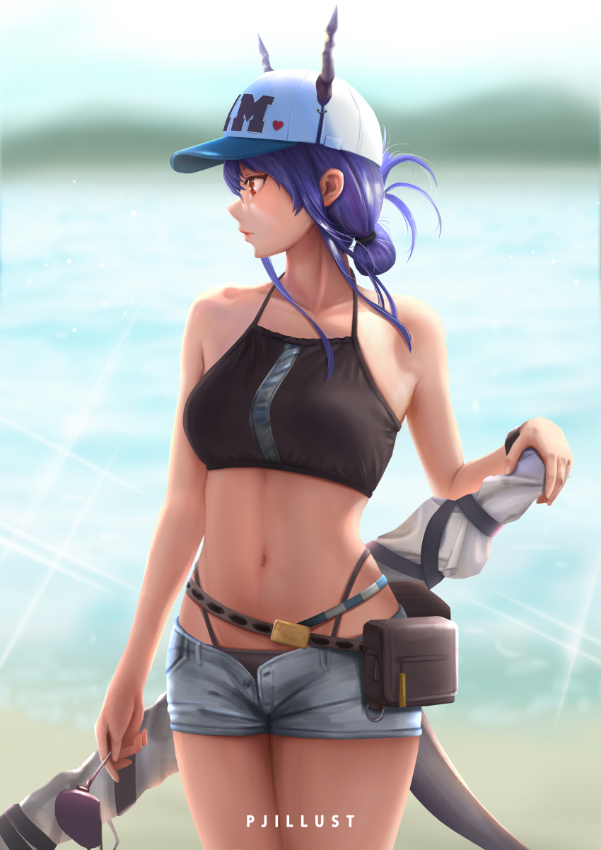 1girl absurdres arknights artist_name bare_arms bare_shoulders baseball_cap belt bikini black_bikini blue_hair blurry blurry_background breasts ch'en_(arknights) commentary cowboy_shot dragon_horns dragon_tail grey_shorts hat heart highleg highleg_bikini highres horns horns_through_headwear long_hair looking_to_the_side medium_breasts navel outdoors patrickj1703 pouch profile red_eyes short_shorts shorts solo standing stomach swimsuit tail thighs tied_hair