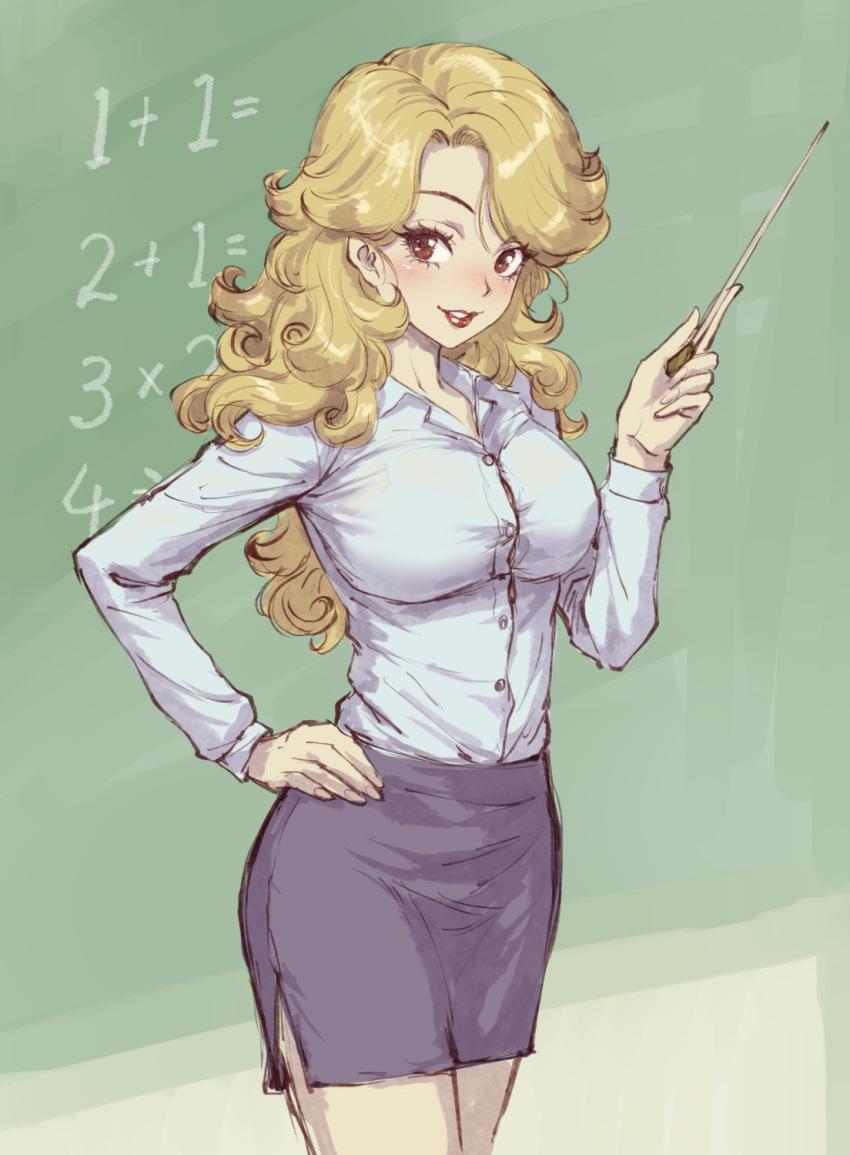1girl blonde_hair bra_through_clothes breasts chalkboard collared_shirt commentary_request dr._slump fujii_eishun hand_on_hip highres holding holding_pointer large_breasts lipstick long_hair looking_at_viewer makeup math pencil_skirt pointer shirt skirt smile solo teacher white_shirt yamabuki_midori