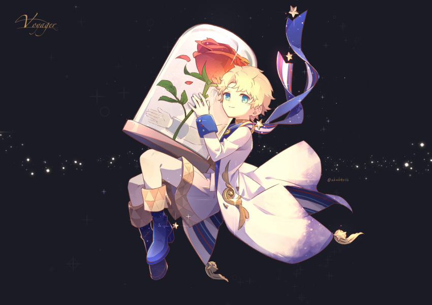 1boy bangs black_background blonde_hair blue_eyes blue_footwear blue_ribbon boots character_name commentary_request fate/grand_order fate/requiem fate_(series) floating flower full_body glint highres holding jacket knee_boots long_sleeves looking_at_viewer male_focus open_clothes open_jacket oversized_object red_flower red_rose reflection ribbon rose sei_(abab40116) shorts sidelocks simple_background smile solo star_(symbol) starry_background twitter_username voyager_(fate/requiem) waistcoat white_jacket white_shorts