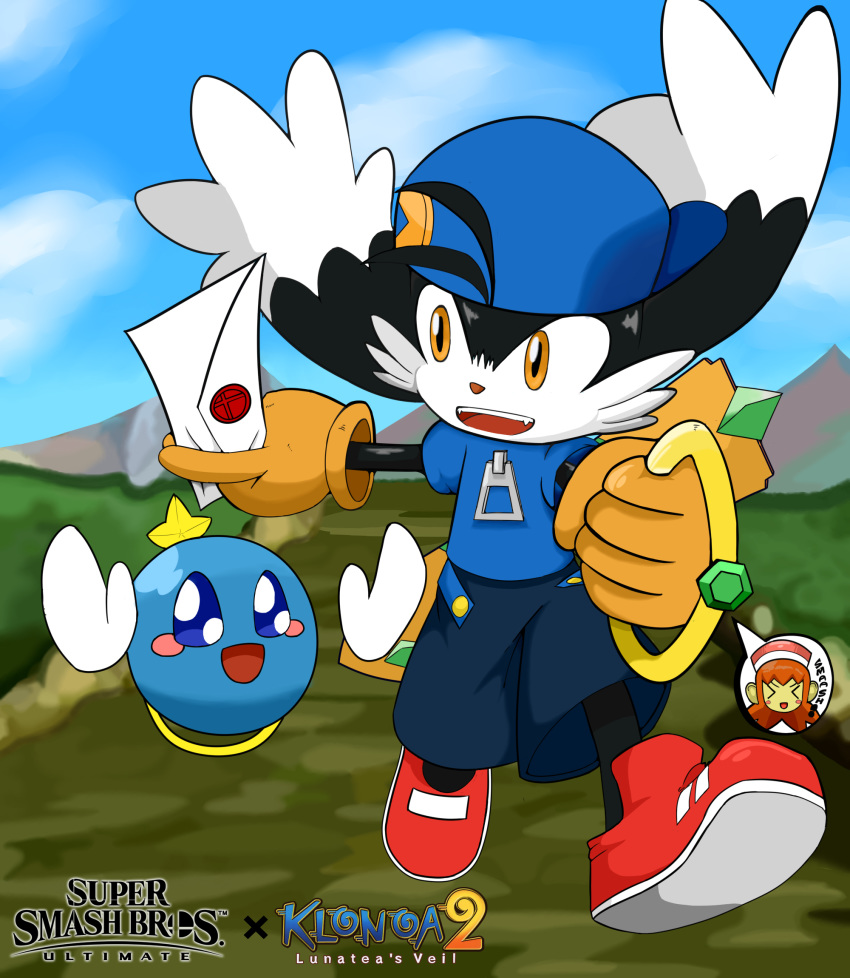 1girl 2boys animal_ears artist_request beatart4 black_fur blue_headwear blue_pants blue_shirt gem gloves highres huepow jewelry kaze_no_klonoa klonoa lolo_(klonoa) meta multiple_boys pac-man pants red_footwear ring shirt sky super_smash_bros. white_fur yellow_eyes yellow_gloves zipper