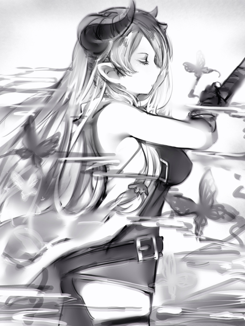 1girl ass belt breasts bug butterfly closed_eyes closed_mouth dress from_side gloves granblue_fantasy greyscale highres holding holding_sword holding_weapon horns insect large_breasts long_hair monochrome nanashi_(nlo74593630) narmaya_(granblue_fantasy) pointy_ears short_dress solo standing sword weapon