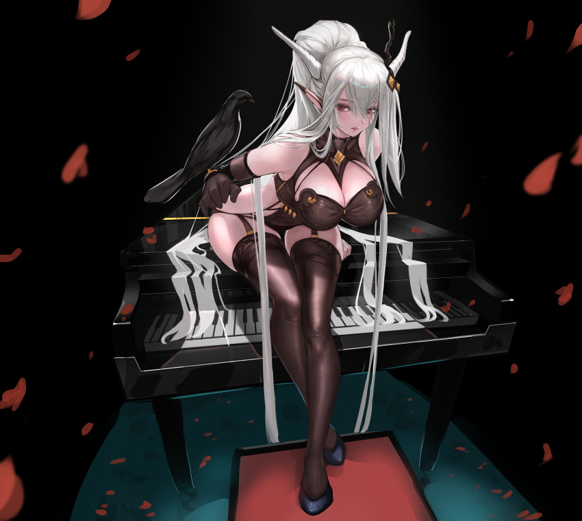 absurdres arknights between_breasts bird breasts elbow_gloves garter_straps gloves green_hair halterneck highres horns instrument large_breasts legs_together nikumocchi pale_skin petals piano pointy_ears red_eyes shining_(arknights) sitting thigh-highs thigh_gap