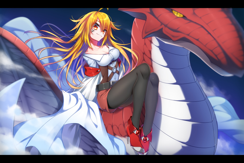 1girl ahoge belt black_legwear blonde_hair dragon dragon_riding high_heels highres ikurikaito long_hair long_sleeves o-ring original outdoors pantyhose red_eyes red_footwear red_shorts shorts sitting whisker_markings yellow_eyes