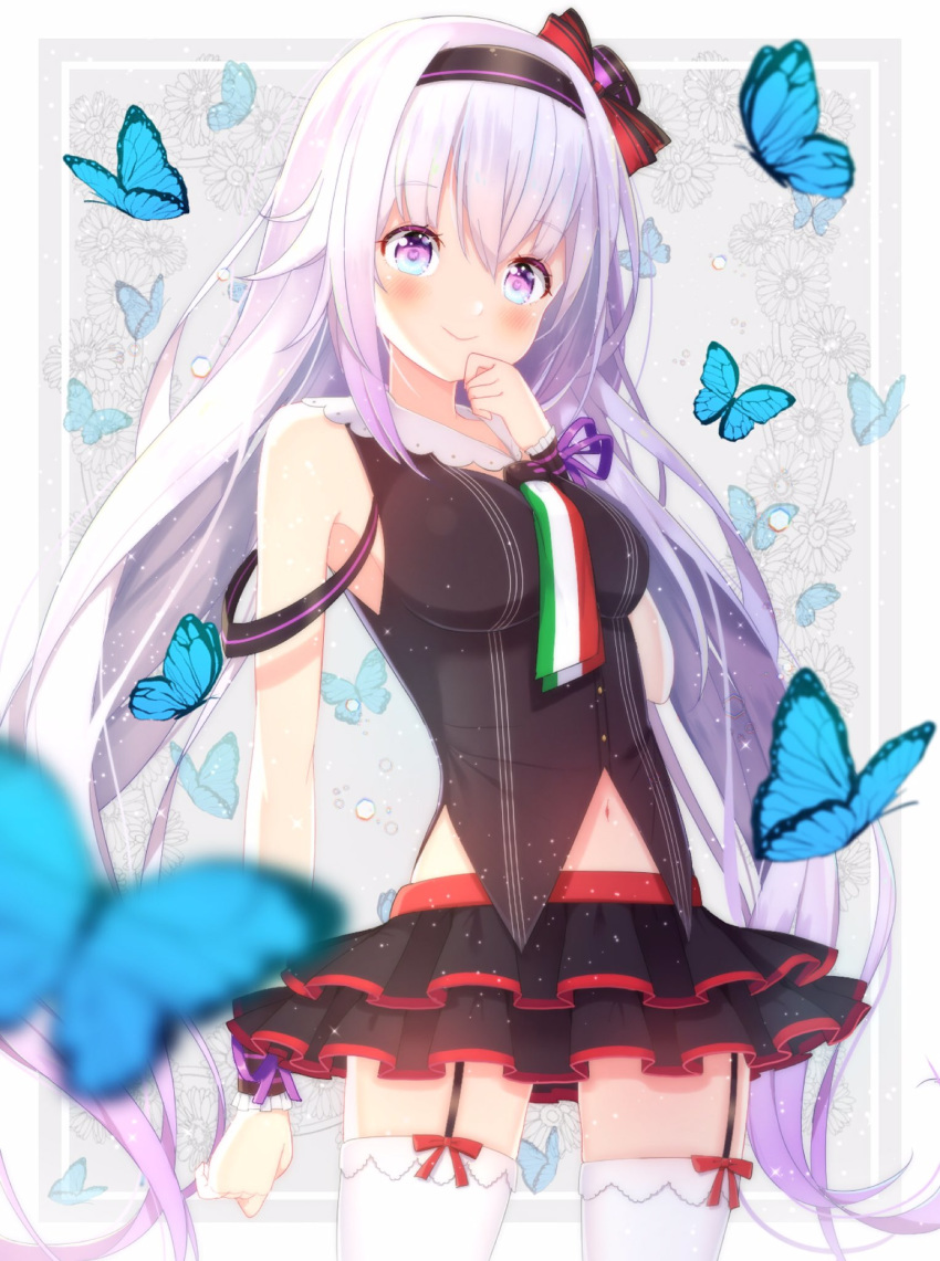 .live 1girl armpit_peek blush breasts bug butterfly carro_pino commentary_request headband highres insect long_hair navel purple_hair sleeveless smile solo violet_eyes virtual_youtuber
