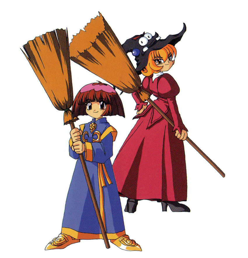 1990s_(style) 2girls bangs black_footwear black_headwear blonde_hair broom cotton_(character) cotton_(game) dress eyebrows_visible_through_hair gold_footwear hat high_heels highres holding holding_broom juliet_sleeves living_clothes long_dress long_sleeves multiple_girls official_art puffy_sleeves red_dress red_eyes redhead retro_artstyle robe scan short_hair simple_background smile standing white_background witch witch_hat yellow_eyes