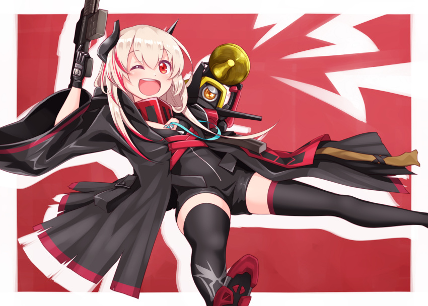 1girl ;d assault_rifle black_footwear black_gloves black_jacket black_jumpsuit black_legwear boots commentary_request dinergate_(girls_frontline) feet_out_of_frame girls_frontline gloves gun haradaiko_(arata_himeko) highres holding holding_gun holding_weapon horns jacket light_brown_hair lightning_bolt long_hair long_sleeves m4_carbine m4_sopmod_ii m4_sopmod_ii_(girls_frontline) multicolored_hair object_namesake one_eye_closed open_clothes open_jacket open_mouth red_background red_eyes redhead rifle round_teeth shoe_soles short_jumpsuit smile streaked_hair teeth thigh-highs thigh_boots two-tone_background upper_teeth weapon white_background wide_sleeves