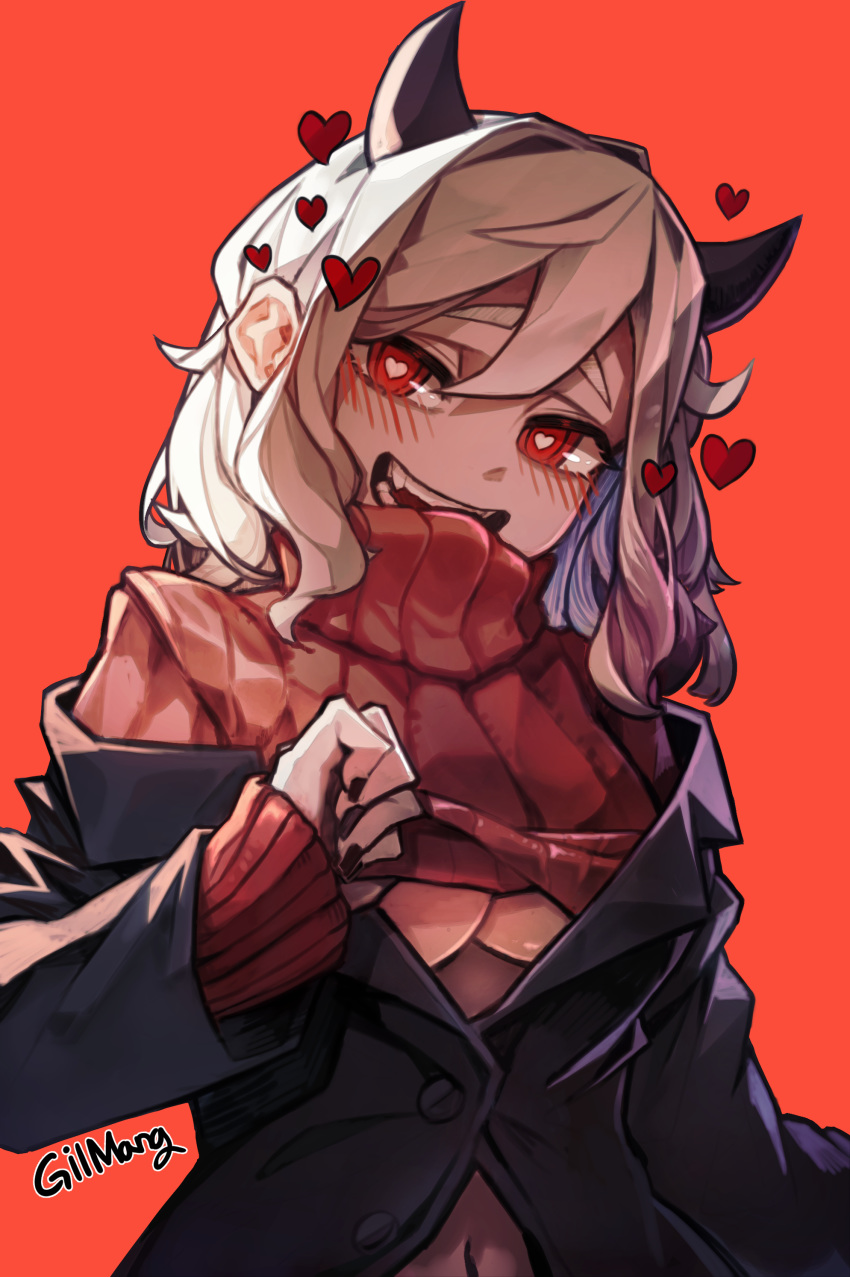 1girl absurdres artist_name black_jacket breasts covered_mouth demon_girl ears_visible_through_hair fangs gilmang hair_between_eyes heart heart_in_eye helltaker highres horns jacket long_sleeves midriff midriff_peek modeus_(helltaker) navel open_mouth orange_background red_eyes red_sweater ribbed_sweater simple_background smile solo stomach sweater symbol_in_eye turtleneck turtleneck_sweater under_boob white_hair