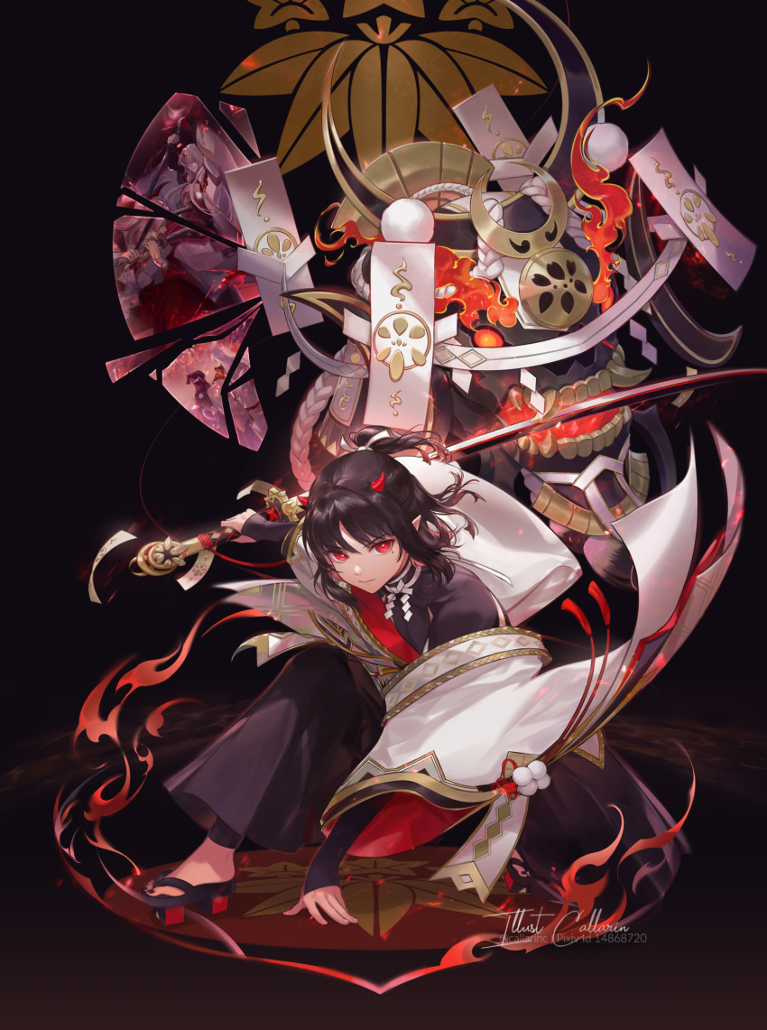 1girl artist_name bangs black_gloves black_hair black_nails callarinc commentary_request dark_background eyebrows_visible_through_hair gloves highres holding holding_weapon horns japanese_clothes katana long_sleeves looking_at_viewer onmyoji onmyouji pointy_ears ponytail red_eyes red_horns ribbon sandals skull smile solo sword weapon white_ribbon