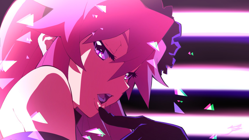 1girl aetherion bare_shoulders black_gloves face finger_to_mouth gloves hair_ornament half-closed_eyes highres lips looking_at_viewer open_mouth pink_eyes pink_hair solo tengen_toppa_gurren_lagann yoko_littner