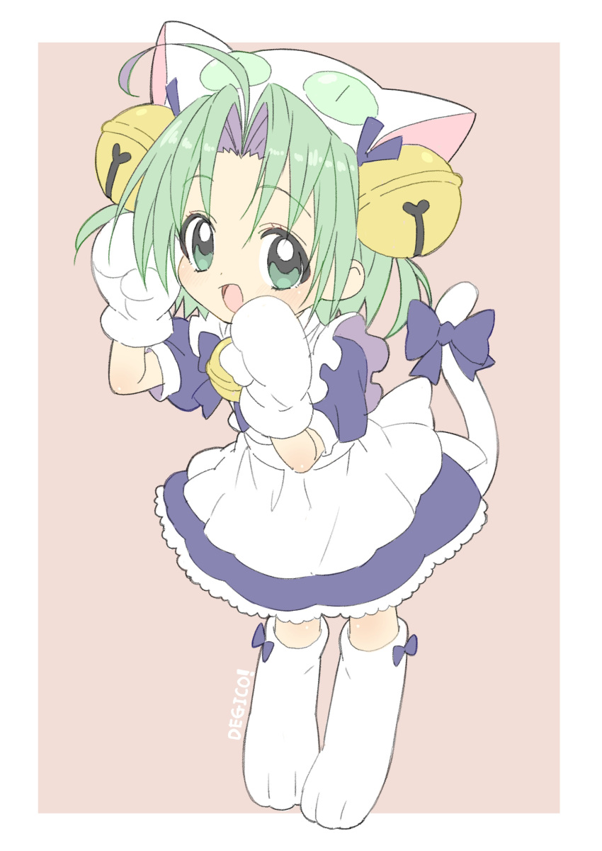:d absurdres ahoge animal_ears apron bangs bell border bow cat_ears cat_tail character_name commentary dejiko di_gi_charat donguri_suzume dress eyebrows_visible_through_hair full_body gloves green_eyes green_hair hair_bell hair_ornament highres jingle_bell looking_at_viewer maid_apron open_mouth parted_bangs paw_boots paw_gloves paws puffy_short_sleeves puffy_sleeves purple_bow purple_dress short_hair short_sleeves smile tail tail_bow white_apron white_border white_gloves