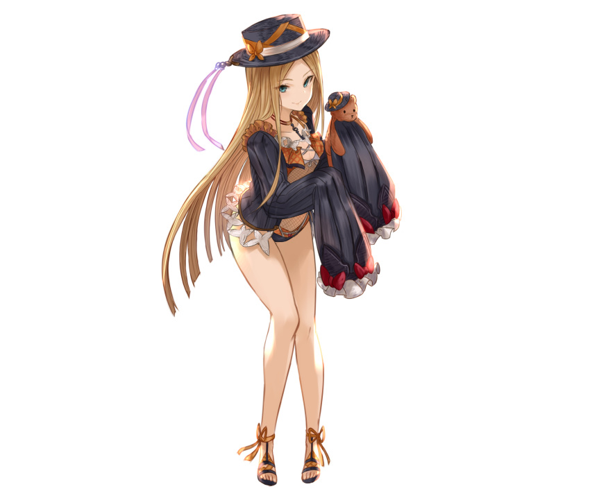 1girl abigail_williams_(fate/grand_order) alternate_costume bangs black_headwear black_jacket blonde_hair blue_eyes bow breasts choker fate/grand_order fate_(series) fishnets forehead full_body highres jacket key legs long_hair long_sleeves looking_at_viewer one-piece_swimsuit open_clothes open_jacket orange_bow orange_swimsuit parted_bangs ribbed_sleeves sandals simple_background sleeves_past_fingers sleeves_past_wrists small_breasts smile stuffed_animal stuffed_toy swimsuit teddy_bear white_background yatsuka_(846)