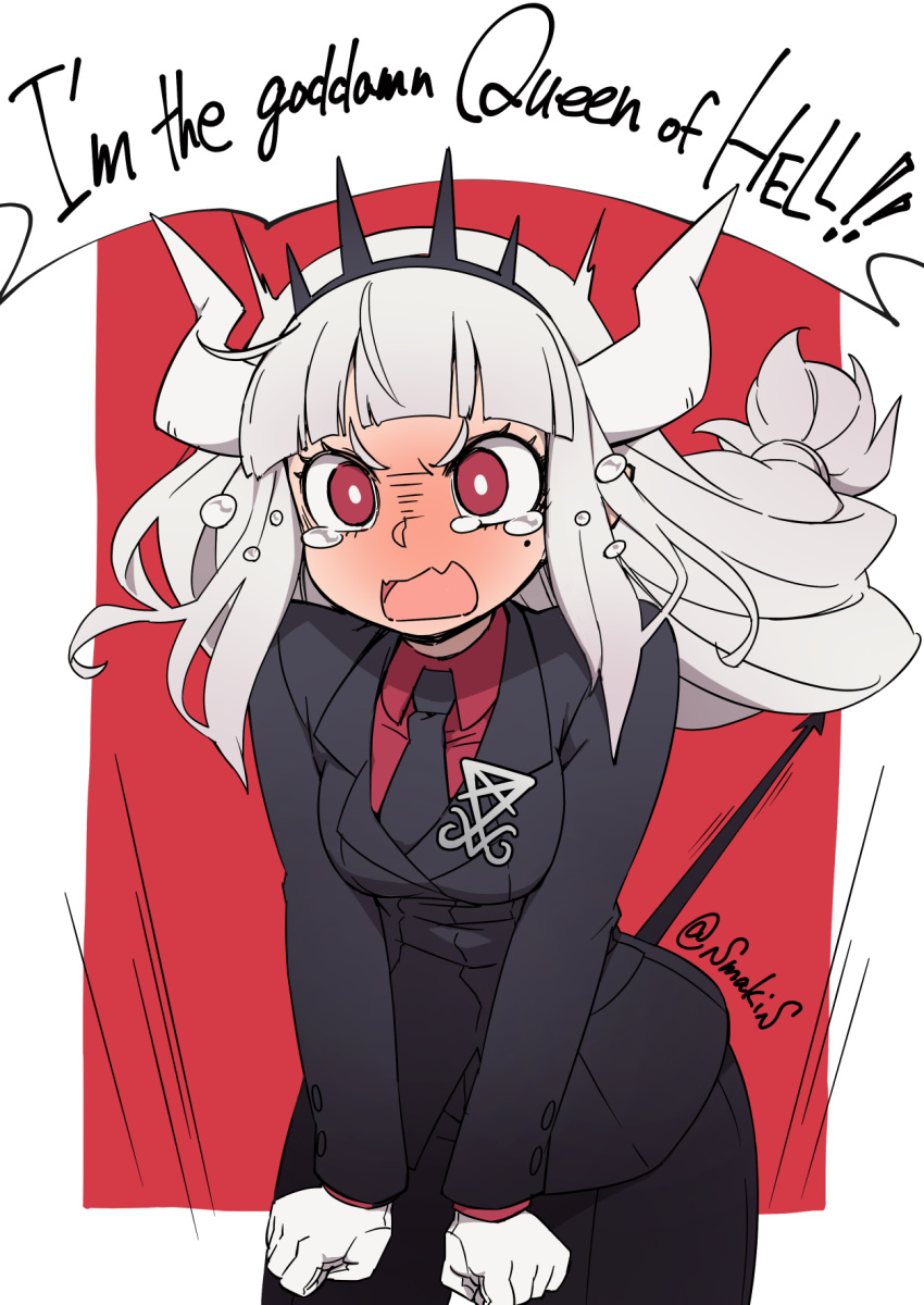 1girl black_neckwear black_tail blush crown crying crying_with_eyes_open demon_horns demon_tail embarrassed english_text formal gloves helltaker highres horns long_hair lucifer_(helltaker) red_background red_shirt shirt sumaki_shungo tail tears tied_hair twitter_username white_background white_gloves white_hair white_horns