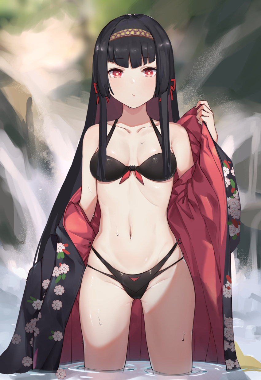 1girl absurdres bangs bikini black_bikini black_hair black_kimono blush breasts collarbone eyebrows_visible_through_hair floral_print front-tie_bikini front-tie_top hair_ornament hair_ribbon hairband highleg highleg_bikini highres jacket japanese_clothes jiliang_jiying_yumao kimono long_hair looking_at_viewer medium_breasts multi-strapped_bikini multicolored multicolored_clothes multicolored_kimono navel nijisanji off_shoulder open_clothes red_kimono red_ribbon ribbon sidelocks skindentation solo stomach swimsuit tokimori_seisa undressing very_long_hair virtual_youtuber virtuareal wading water wet