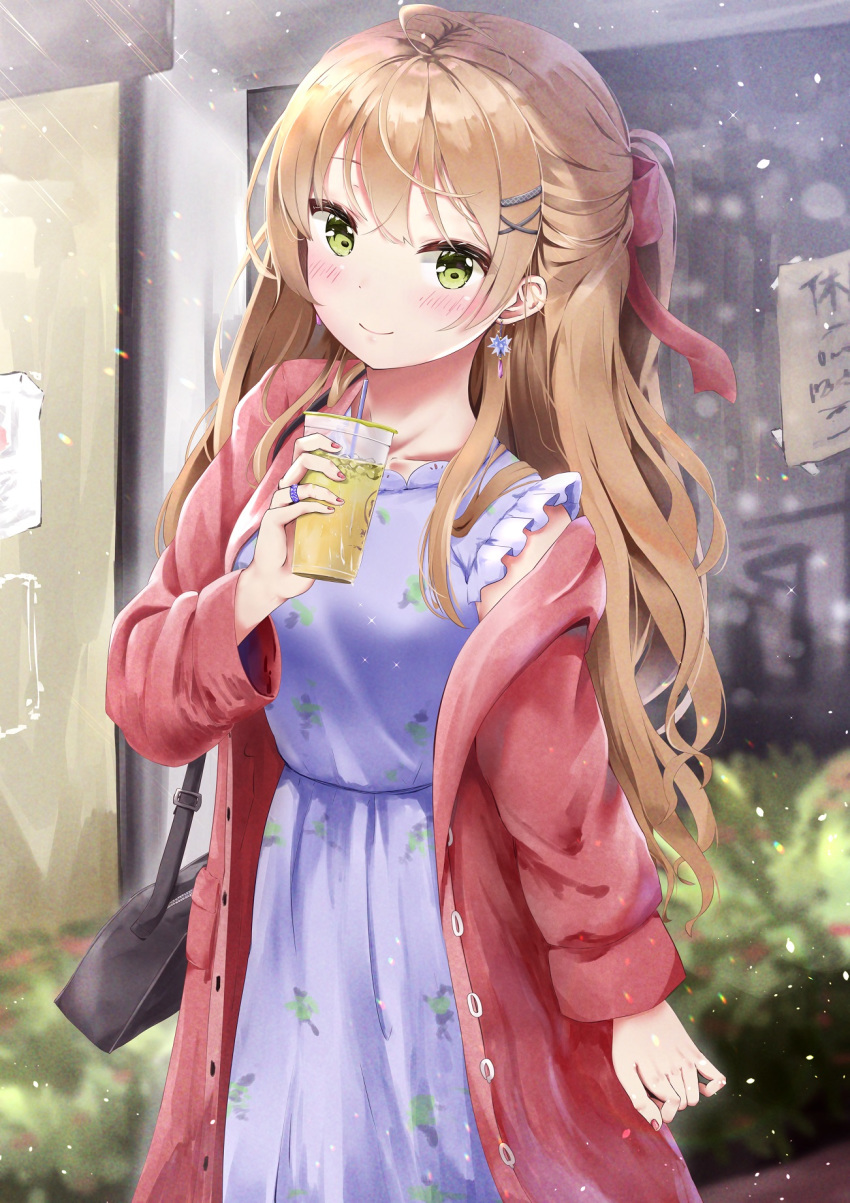 1girl antenna_hair arm_at_side bag bangs blonde_hair bush coat collarbone cup dress drink drinking_straw earrings girls_frontline green_eyes hair_ornament hair_ribbon hairband hairclip handbag highres holding holding_cup jewelry long_hair looking_at_viewer nail_polish outdoors ponytail purple_dress red_coat red_nails red_ribbon rfb_(girls_frontline) ribbon ring sleeveless sleeveless_dress solo standing u.b_m1s2s unbuttoned wide_sleeves