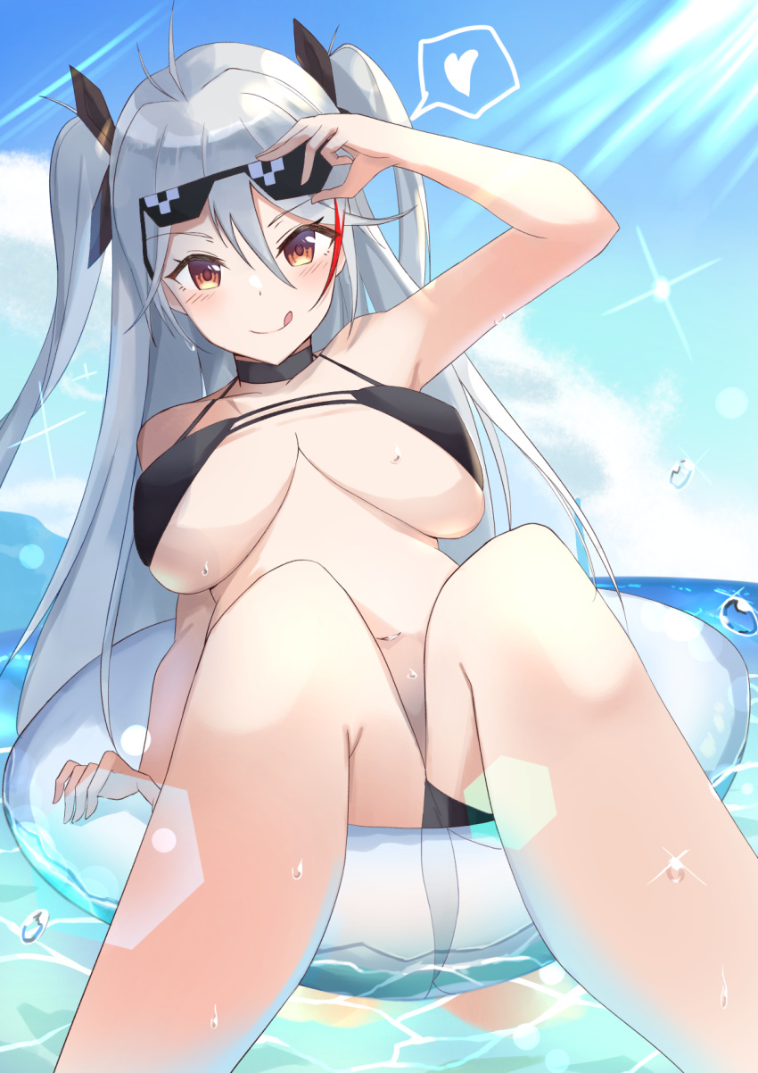 1girl azur_lane bikini black_bikini black_choker blue_sky blush breasts brown_eyes choker clouds day eyebrows_visible_through_hair eyewear_on_head flag_print heart highres kaki_tsubata large_breasts lifebuoy long_hair looking_at_viewer multicolored_hair navel ocean outdoors prinz_eugen_(azur_lane) prinz_eugen_(unfading_smile)_(azur_lane) ribbon side-tie_bikini silver_hair sky smile solo streaked_hair sunglasses swimsuit tongue tongue_out two_side_up very_long_hair water