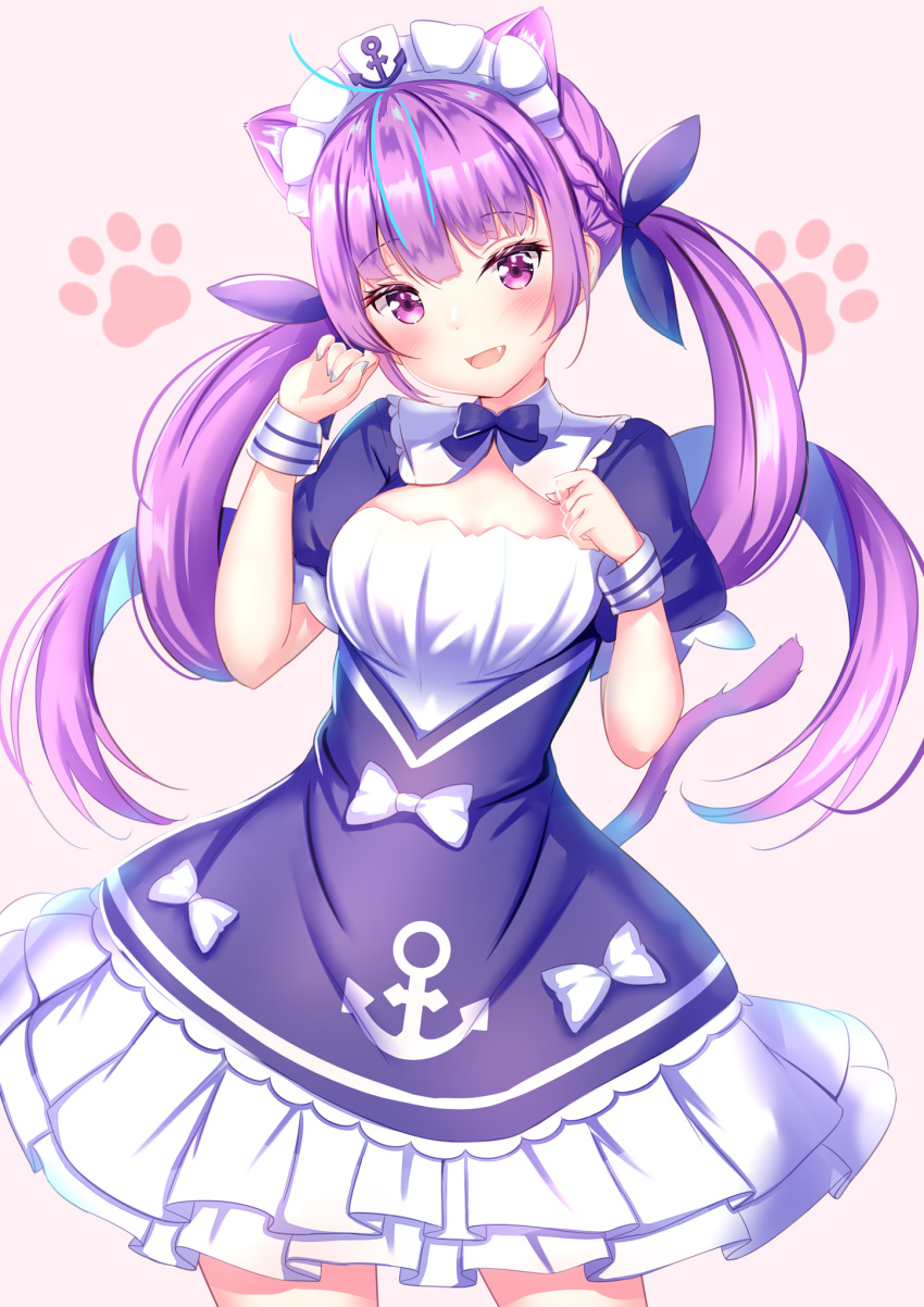1girl :d anchor anchor_symbol animal_ear_fluff animal_ears bangs blue_bow blue_dress blue_hair blue_nails blue_ribbon blush bow breasts brown_background cat_ears cat_girl cat_tail cowboy_shot dress eyebrows_visible_through_hair fang frilled_dress frills hair_ribbon hands_up head_tilt highres hololive kemonomimi_mode long_hair looking_at_viewer medium_breasts minato_aqua multicolored_hair nail_polish open_mouth puffy_short_sleeves puffy_sleeves purple_hair ribbon short_sleeves simple_background smile solo tail twintails two-tone_hair very_long_hair violet_eyes virtual_youtuber white_bow wrist_cuffs yuano