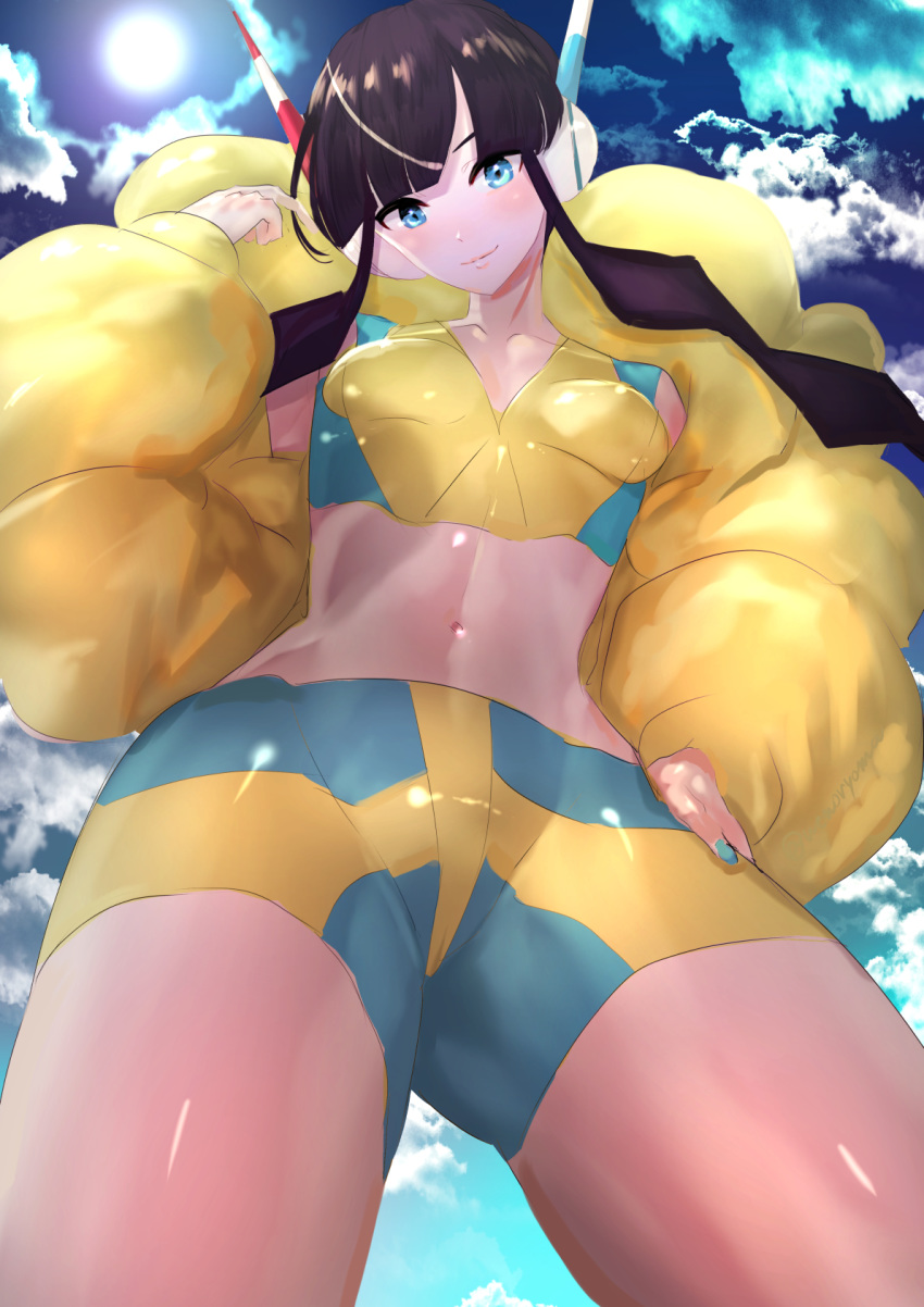 1girl bangs black_hair blue_eyes blush breasts clouds collarbone commentary_request cowboy_shot day green_nails gym_leader hair_twirling headphones highres kamitsure_(pokemon) looking_at_viewer looking_down navel pokemon pokemon_(game) pokemon_bw2 shiny shiny_clothes shiny_hair shiny_skin skin_tight sky small_breasts smile solo uenoryoma