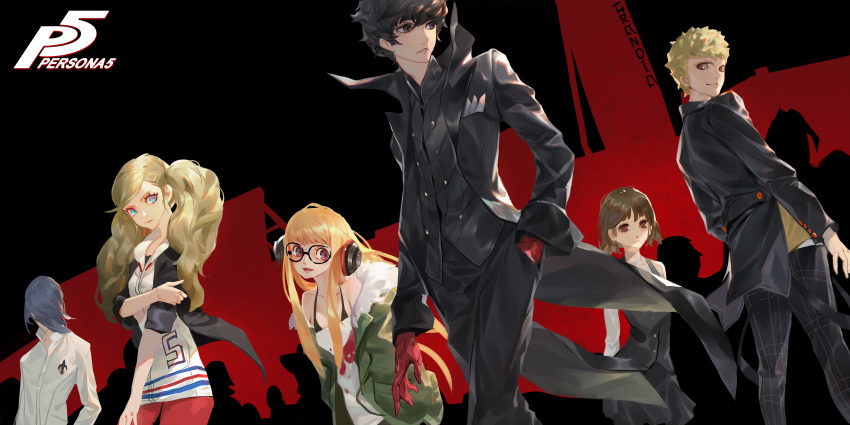 3boys 3girls absurdres amamiya_ren black-framed_eyewear black_hair breasts closed_mouth commentary fur-trimmed_jacket fur_trim glasses gloves grandialee green_jacket headphones highres jacket kitagawa_yuusuke long_hair looking_at_viewer multiple_boys multiple_girls niijima_makoto off_shoulder orange_hair persona persona_5 red_gloves sakamoto_ryuuji sakura_futaba short_hair smile takamaki_anne