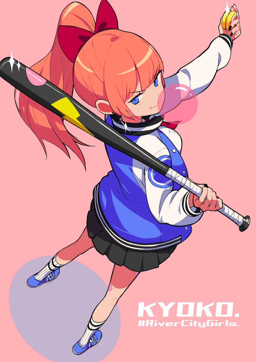 1girl absurdres baseball_bat black_skirt blue_eyes blue_footwear bow bubble_blowing character_name chewing_gum copyright_name fami_(yellow_skies) from_above from_behind full_body hair_bow highres jacket kyoko_(kunio-kun) long_hair long_sleeves looking_at_viewer looking_back orange_hair pink_background pleated_skirt ponytail red_bow river_city_girls shoes simple_background skirt sneakers solo standing sword_earrings track_jacket yo-yo
