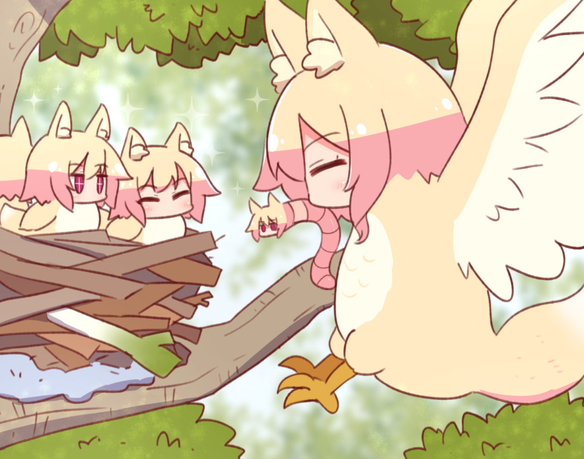 +_+ 5girls ^_^ animal_ear_fluff animal_ears animalization bangs bird bird_nest blurry blurry_background blush closed_eyes commentary_request day depth_of_field earthworm eyebrows_visible_through_hair fox_ears fox_tail hair_between_eyes kemomimi-chan_(naga_u) mouth_hold multiple_girls naga_u original outdoors red_eyes sparkle tail tree