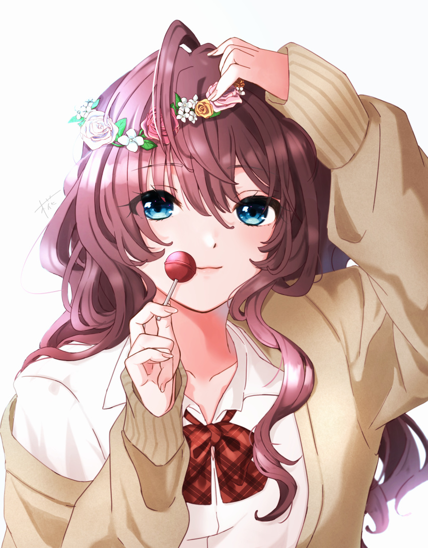 1girl :3 absurdres antenna_hair arm_up bangs beige_jacket blue_eyes blush bow bowtie candy collar eyebrows_visible_through_hair flower flower_on_head food hair_between_eyes hair_flower hair_ornament hair_over_shoulder hand_on_own_head highres ichinose_shiki idolmaster idolmaster_cinderella_girls lily_(flower) lollipop long_sleeves plaid_neckwear red_flower red_neckwear rng_koh rose school_uniform shirt signature simple_background smile solo uniform upper_body wavy_hair white_background white_collar white_flower white_shirt yellow_flower yellow_rose