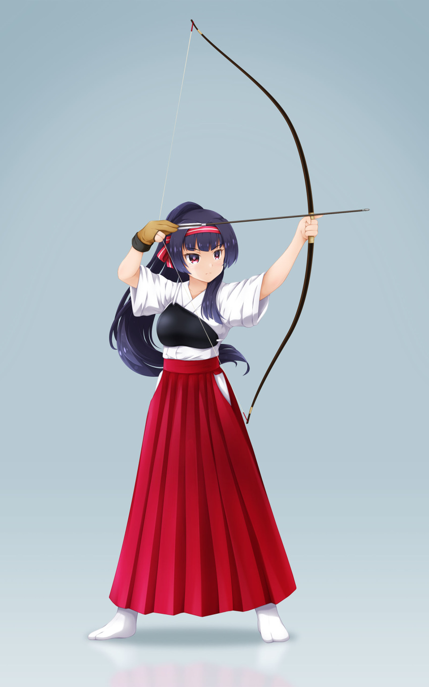 1girl absurdres archery arrow_(projectile) bangs black_hair bow_(weapon) brown_gloves character_request closed_mouth commentary_request drawing_bow eyebrows_visible_through_hair fukaiton full_body gloves gothic_wa_mahou_otome headband highres japanese_clothes kyuudou legs_apart long_hair muneate no_shoes partly_fingerless_gloves ponytail red_eyes reflection serious sidelocks single_glove solo standing tabi weapon yugake