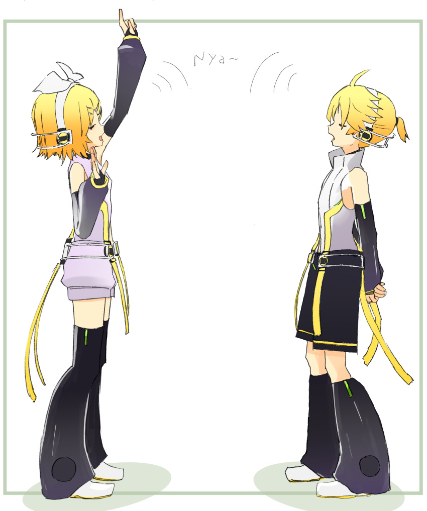 1boy 1girl ahoge arm_up arms_behind_back bangs bare_shoulders belt black_legwear black_shorts black_sleeves blonde_hair bow closed_eyes commentary d_futagosaikyou detached_sleeves facing_another from_side full_body grey_shirt hair_bow hair_ornament hairclip headphones highres index_finger_raised kagamine_len kagamine_len_(append) kagamine_rin kagamine_rin_(append) leg_warmers music open_mouth shadow shirt short_hair short_ponytail shorts singing sleeveless sleeveless_shirt spiky_hair swept_bangs vocaloid vocaloid_append white_background white_bow white_footwear