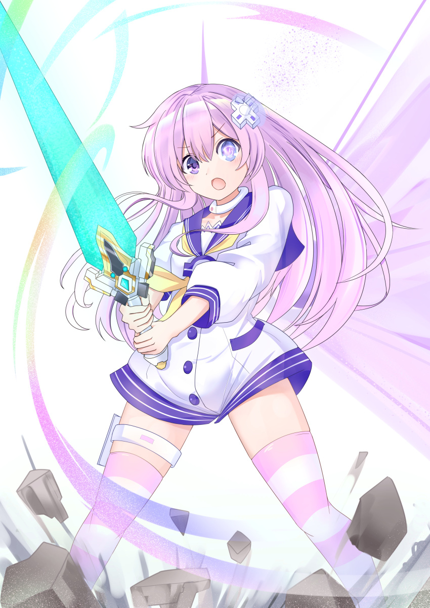 1girl absurdres bangs blush collar commentary_request d-pad d-pad_hair_ornament dress energy_sword eyebrows_visible_through_hair hair_between_eyes hair_ornament highres holding holding_sword holding_weapon light_particles long_hair long_sleeves looking_at_viewer naoya_(naoya_ee) neckerchief nepgear neptune_(series) open_mouth pink_legwear power_symbol purple_hair sailor_collar sailor_dress sidelocks simple_background solo striped striped_legwear sword thigh-highs thigh_strap violet_eyes weapon white_background white_dress white_legwear yellow_neckwear zettai_ryouiki