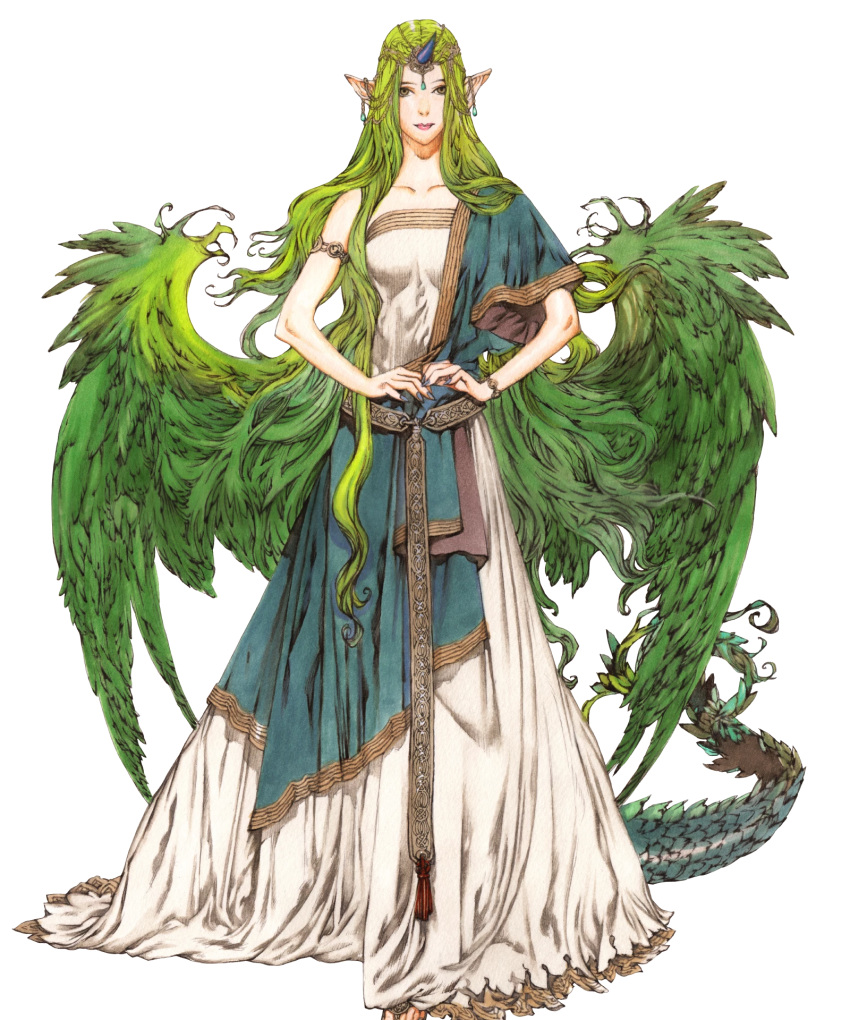 1girl belt bracelet circlet dragon_tail dress fire_emblem fire_emblem_echoes:_shadows_of_valentia fire_emblem_heroes full_body green_eyes green_hair hair_ornament highres horn jewelry long_hair mila_(fire_emblem) nail_polish official_art pointy_ears sandals solo tail transparent_background very_long_hair wings yamada_akihiro