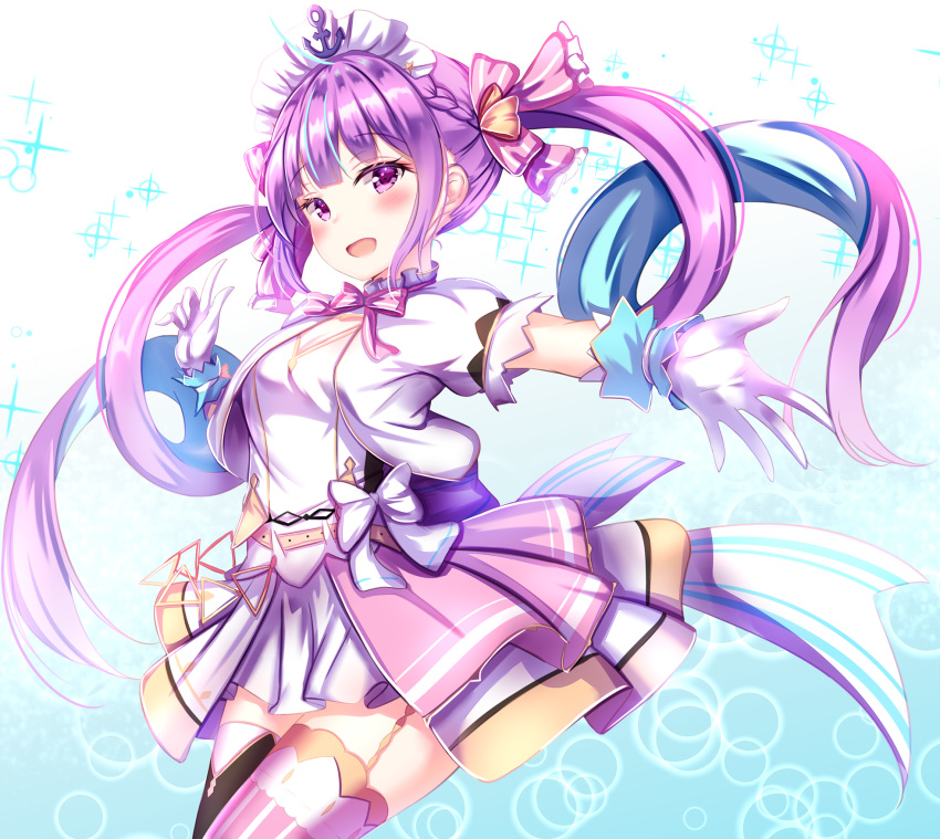 1girl :d anchor bangs black_legwear blue_background blue_hair blush bow braid cropped_jacket dress eyebrows_visible_through_hair gloves gradient gradient_background hair_bow highres hololive jacket minato_aqua mismatched_legwear multicolored_hair open_clothes open_jacket open_mouth outstretched_arm pink_bow pink_legwear puffy_short_sleeves puffy_sleeves purple_hair short_sleeves sidelocks smile solo sparkle_background striped striped_bow striped_legwear thigh-highs twintails two-tone_hair vertical-striped_legwear vertical_stripes violet_eyes virtual_youtuber white_background white_bow white_dress white_gloves white_jacket yuano