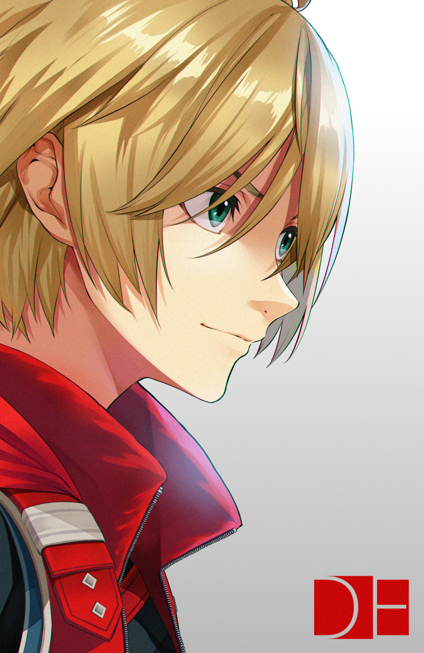 1boy absurdres blonde_hair closed_mouth green_eyes grey_background highres huge_filesize male_focus red_vest shulk simple_background solo upper_body vest xenoblade_(series) xenoblade_1 yuuki_shin