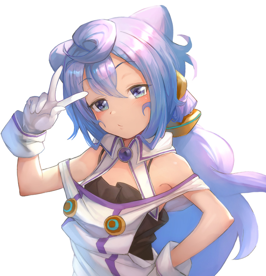 1boy blue_eyes blue_hair eyebrows_visible_through_hair gloves hacka_doll hacka_doll_3 hair_between_eyes hand_on_hip hand_up highres long_hair looking_at_viewer male_focus otoko_no_ko otsukemono simple_background solo v white_background white_gloves