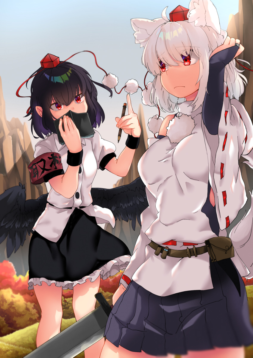 2girls absurdres ahoge animal_ears bare_shoulders bird_wings black_hair black_skirt black_wings breasts bridal_gauntlets detached_sleeves eyebrows_visible_through_hair frilled_skirt frills hand_in_hair hat highres huge_filesize inubashiri_momiji large_breasts medium_breasts medium_skirt mountain multiple_girls nature notebook outdoors pointy_ears pom_pom_(clothes) red_eyes ribbon-trimmed_sleeves ribbon_trim shameimaru_aya shirokaba114 shirt short_hair silver_hair skirt sleeveless sleeveless_shirt sword tail tokin_hat touhou tree turtleneck weapon white_shirt wings wolf_ears wolf_tail