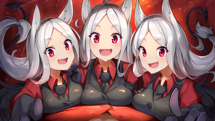 3girls :d absurdres ahoge animal_ears bangs black_gloves black_vest breasts cerberus_(helltaker) demon_girl demon_tail dog_ears fang floating_hair forehead gloves helltaker helltaker_(character) highres long_hair looking_at_viewer low-tied_long_hair maeshimashi medium_breasts multiple_girls open_mouth parted_bangs pointing pointing_at_viewer red_eyes red_shirt shirt smile tail triplets undershirt vest white_hair wing_collar