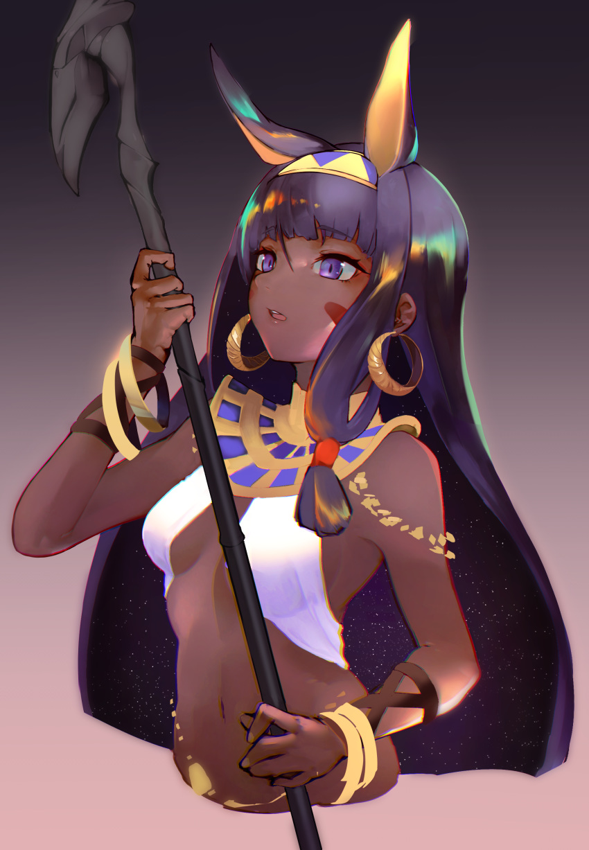 1girl absurdres animal_ears bangs bare_shoulders belly_chain bracelet breasts dark_skin earrings egyptian egyptian_clothes facepaint facial_mark fate/grand_order fate_(series) gradient gradient_background grey_background hair_tubes hairband halter_top halterneck highres hoop_earrings jackal_ears jewelry looking_at_viewer medium_breasts nitocris_(fate/grand_order) open_mouth purple_hair sidelocks staff usekh_collar vantsuki violet_eyes