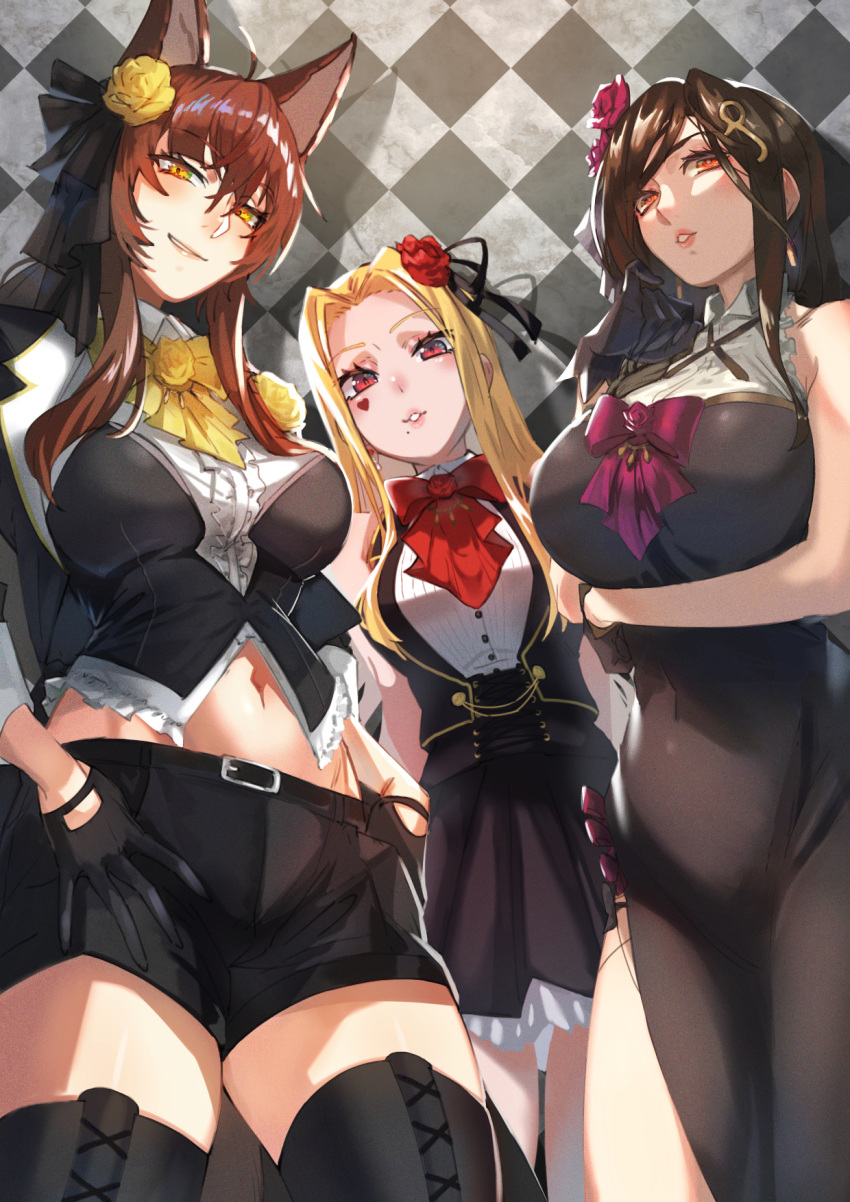 3girls animal_ears arm_under_breasts ascot bangs bare_shoulders belt black_belt black_dress black_gloves black_legwear black_ribbon black_shorts black_skirt black_vest blonde_hair boots bow breasts brown_hair center_frills checkered checkered_background collared_dress collared_shirt corset covered_navel dress eyebrows_visible_through_hair facial_mark flower flutoitoi fox_ears frills fumi_(nijisanji) gloves grin hair_between_eyes hair_flower hair_ornament hair_ribbon heart highres large_breasts long_hair long_sleeves looking_at_viewer luis_cammy midriff miniskirt mole mole_under_mouth multiple_girls murechika navel nijisanji official_alternate_costume parted_lips petticoat pink_lips pleated_skirt purple_bow purple_flower red_bow red_eyes red_flower ribbon shirayuki_tomoe shirt shorts side_slit skirt skirt_set sleeveless sleeveless_dress smile thigh-highs thigh_boots thighs vest virtual_youtuber white_shirt yellow_bow yellow_eyes yellow_flower yellow_neckwear