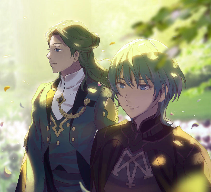 2boys absurdres armor asao_(vc) blue_eyes blue_hair blurry_foreground byleth_(fire_emblem) byleth_eisner_(male) cape closed_mouth commentary_request fire_emblem fire_emblem:_three_houses green_eyes green_hair hair_bun highres jacket linhardt_von_hevring long_hair looking_to_the_side male_focus multiple_boys outdoors petals short_hair smile standing upper_body