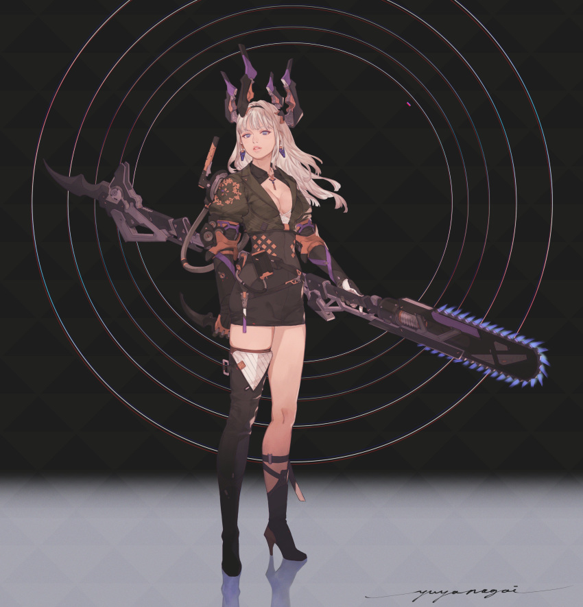 1girl absurdres blue_eyes boots chainsaw crown dual_wielding earrings floral_print grey_hair hairband high_heels highres holding holding_chainsaw holding_knife holding_weapon jewelry knife lingerie long_hair original parted_lips pink_lips puffy_sleeves signature smile solo standing underwear v8 weapon