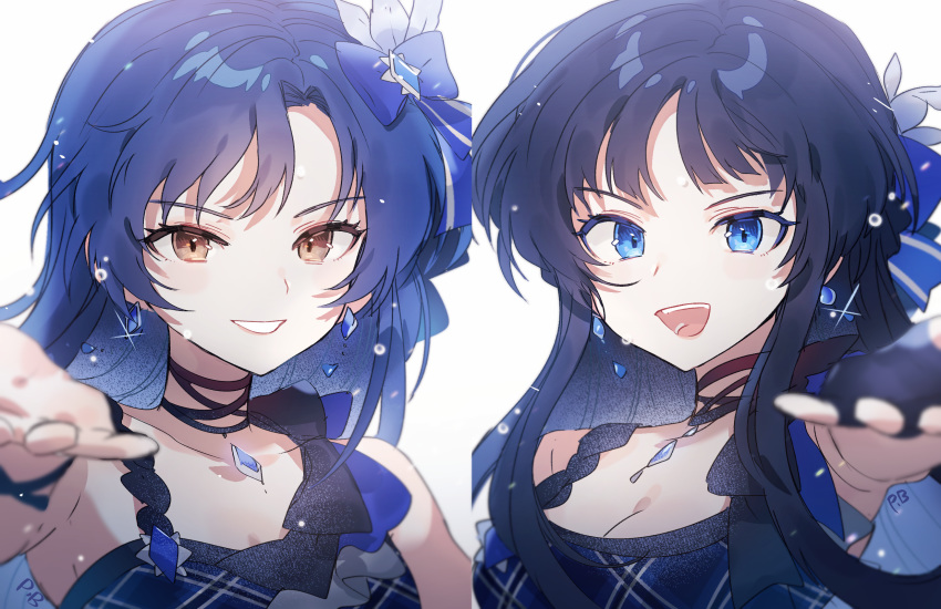 2girls bangs black_gloves blue_bow blue_eyes blue_hair blunt_bangs blurry_foreground bow brown_eyes earrings fingerless_gloves gloves grin hair_bow highres idolmaster idolmaster_million_live! idolmaster_million_live!_theater_days jewelry kisaragi_chihaya long_hair long_neck looking_at_viewer mogami_shizuka multiple_girls necklace off_shoulder open_mouth outstretched_hand ranobigi0820 signature simple_background sleeveless smile upper_body white_background