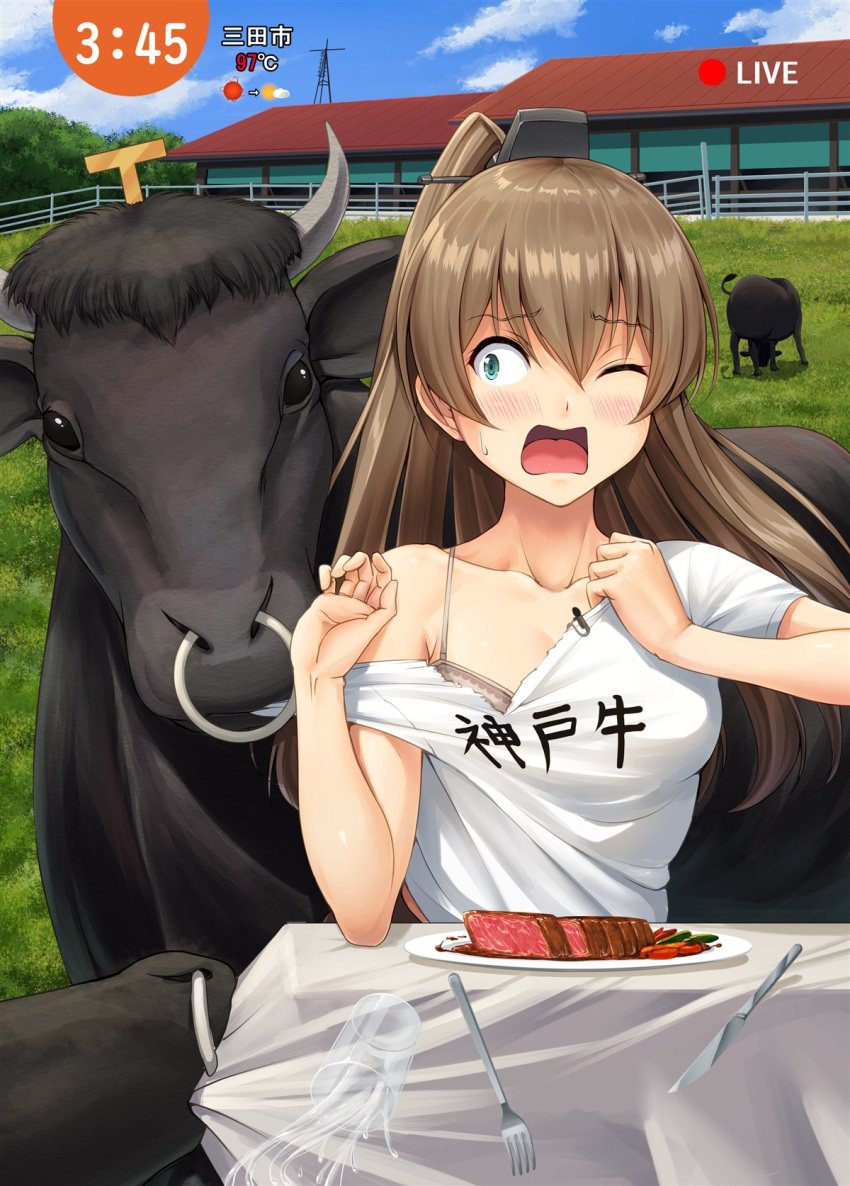 1girl animal aqua_eyes beef blush bra brown_bra brown_hair clouds collarbone cow cow_horns cup day drinking_glass eyebrows_visible_through_hair food fork hair_between_eyes highres horns ichikawa_feesu kantai_collection knife kumano_(kantai_collection) long_hair one_eye_closed open_mouth plate shirt short_sleeves solo torn_clothes underwear water white_shirt