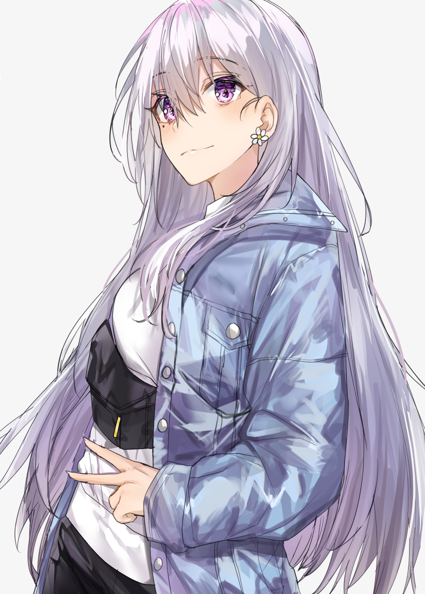 1girl absurdres alternate_hairstyle bag bangs blue_jacket breasts buttons closed_mouth eyebrows_visible_through_hair flower grey_background hair_between_eyes highres higuchi_kaede jacket kanniepan long_hair long_sleeves looking_at_viewer mole mole_under_eye nijisanji shirt simple_background sketch smile solo standing upper_body v violet_eyes virtual_youtuber white_flower white_shirt