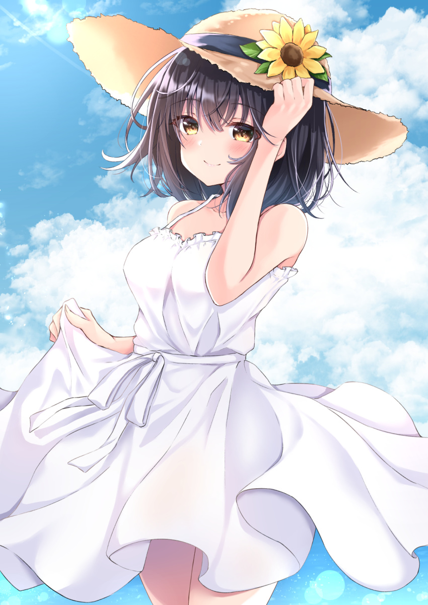 1girl bangs blue_sky brown_hair closed_mouth clouds collarbone dress dress_lift eyebrows_visible_through_hair flower frilled_dress frills hand_on_headwear hat hat_flower highres light_rays nakaji_(user_snap3353) ocean original outdoors sky smile solo standing straw_hat sun_hat sundress white_dress yellow_eyes