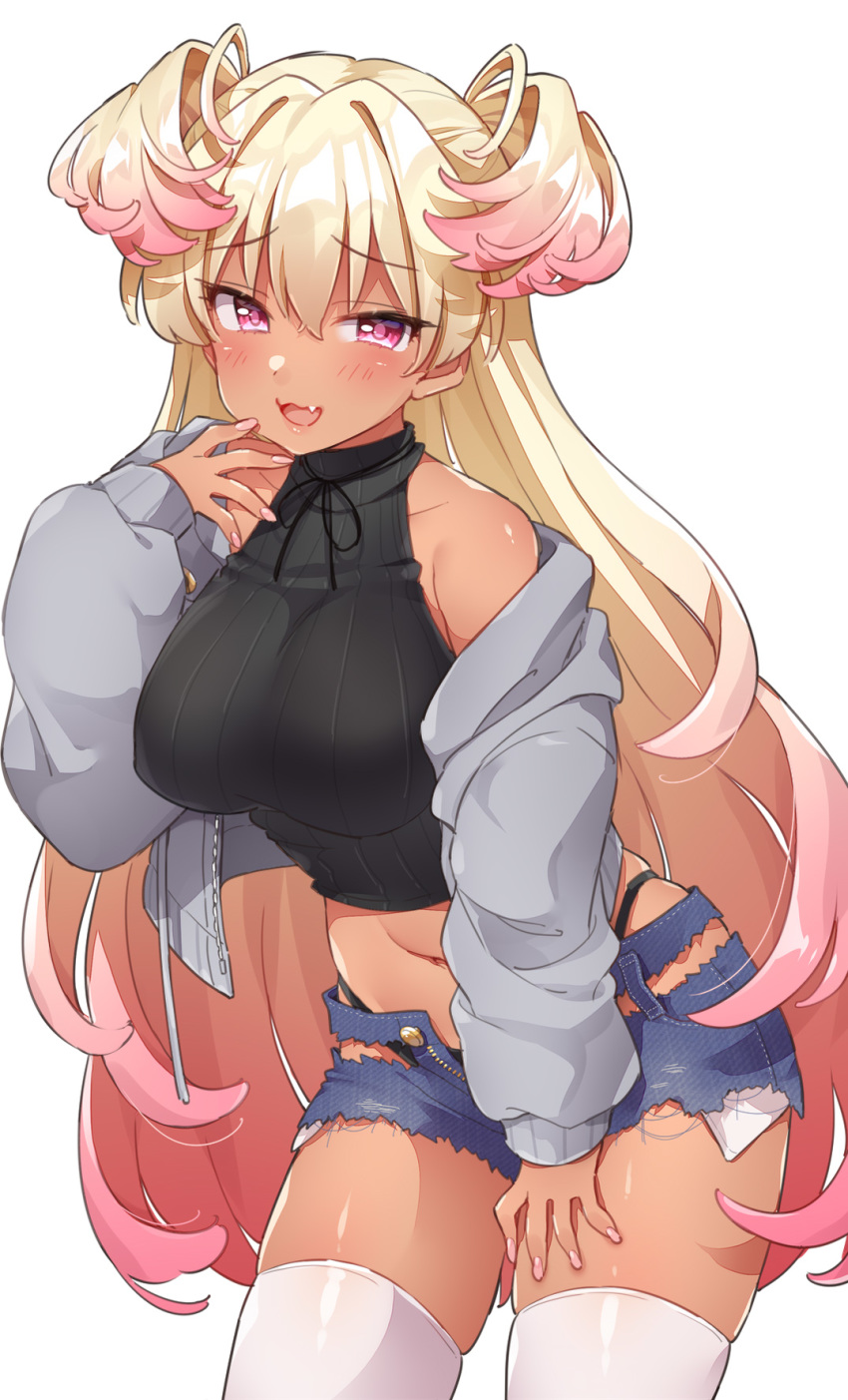 1girl :d bare_shoulders black_shirt blonde_hair breasts cowboy_shot crop_top denim denim_shorts exposed_pocket fang gradient_hair grey_jacket halterneck hand_up highleg highres jacket large_breasts long_hair looking_at_viewer midriff mio_(mgr300) multicolored_hair navel off_shoulder open_clothes open_jacket open_mouth original pink_eyes ribbed_shirt shirt short_shorts shorts skindentation sleeveless sleeveless_shirt smile solo thigh-highs thighs torn_clothes torn_shorts two_side_up very_long_hair white_legwear