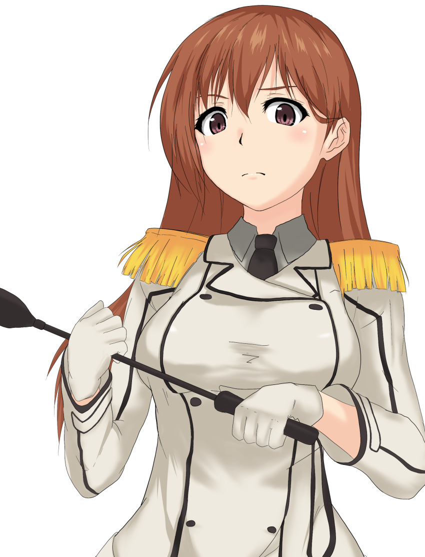 1girl absurdres black_neckwear breasts brown_hair collared_shirt cosplay double-breasted epaulettes frown grey_shirt highres jacket kantai_collection katori_(kantai_collection) katori_(kantai_collection)_(cosplay) kinakomochi_(testament05) large_breasts long_hair looking_at_viewer necktie ooi_(kantai_collection) riding_crop shirt simple_background solo upper_body violet_eyes white_background white_jacket