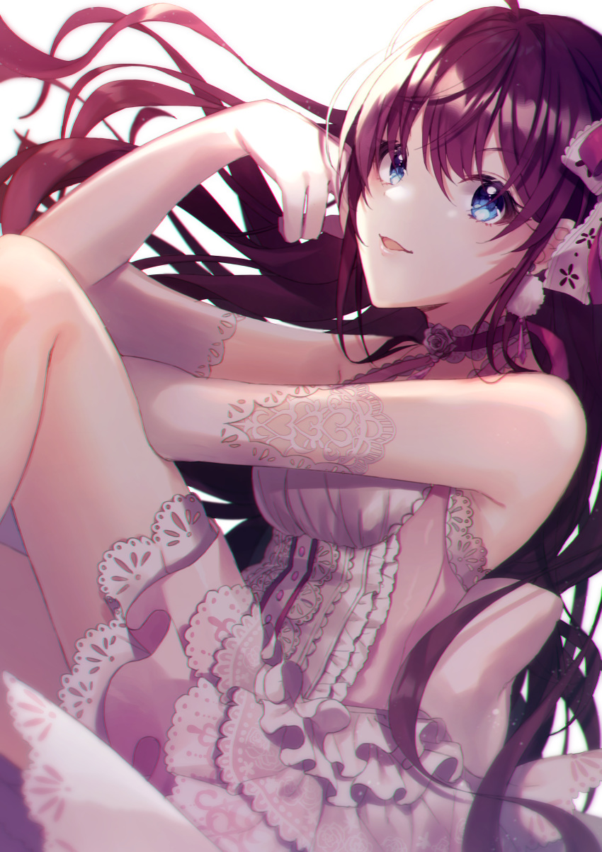 1girl :3 absurdres antenna_hair bangs blue_eyes bow brown_hair center_frills chobo_ume dress elbow_gloves frill_trim gloves hair_between_eyes hair_bow halter_dress halterneck highres ichinose_shiki idolmaster idolmaster_cinderella_girls lace lace_trim long_hair looking_at_viewer open_mouth simple_background sleeveless sleeveless_dress smile smug solo white_background white_dress white_gloves