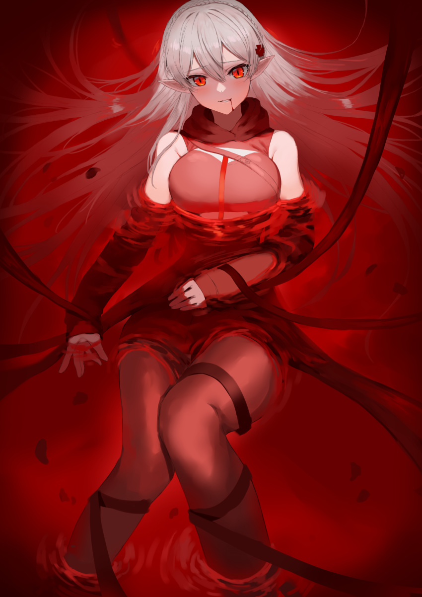1girl absurdres ambiguous_red_liquid arknights bangs bare_shoulders blush commentary feet_out_of_frame grin hair_between_eyes highres long_hair looking_at_viewer molyb pantyhose parted_lips pointy_ears red_eyes silver_hair sleeveless smile solo warfarin_(arknights)
