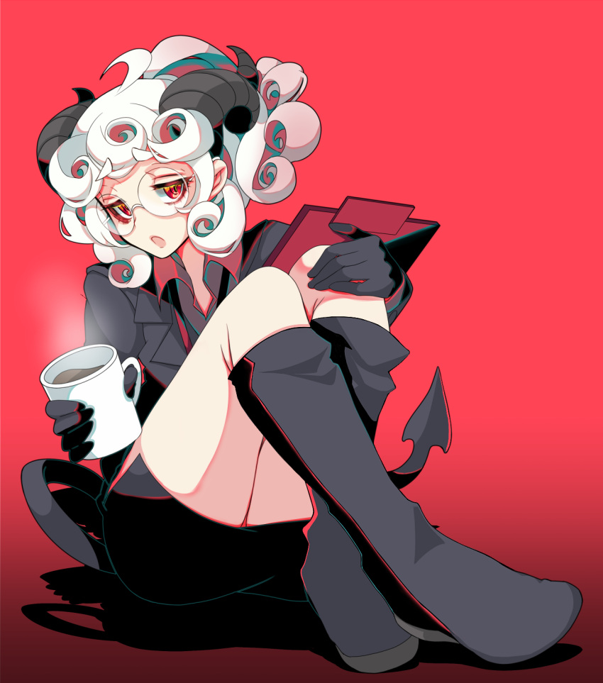1girl black_gloves black_horns black_jacket boots business_suit clipboard coffee collared_shirt cup curly_hair demon_girl demon_horns demon_tail formal geb3d1liqqoqlxn glasses gloves helltaker highres holding holding_cup holding_notepad horns jacket knee_boots long_sleeves mug open_mouth pandemonica_(helltaker) red_eyes red_shirt shirt short_hair sitting solo steam suit tail thighs white_hair